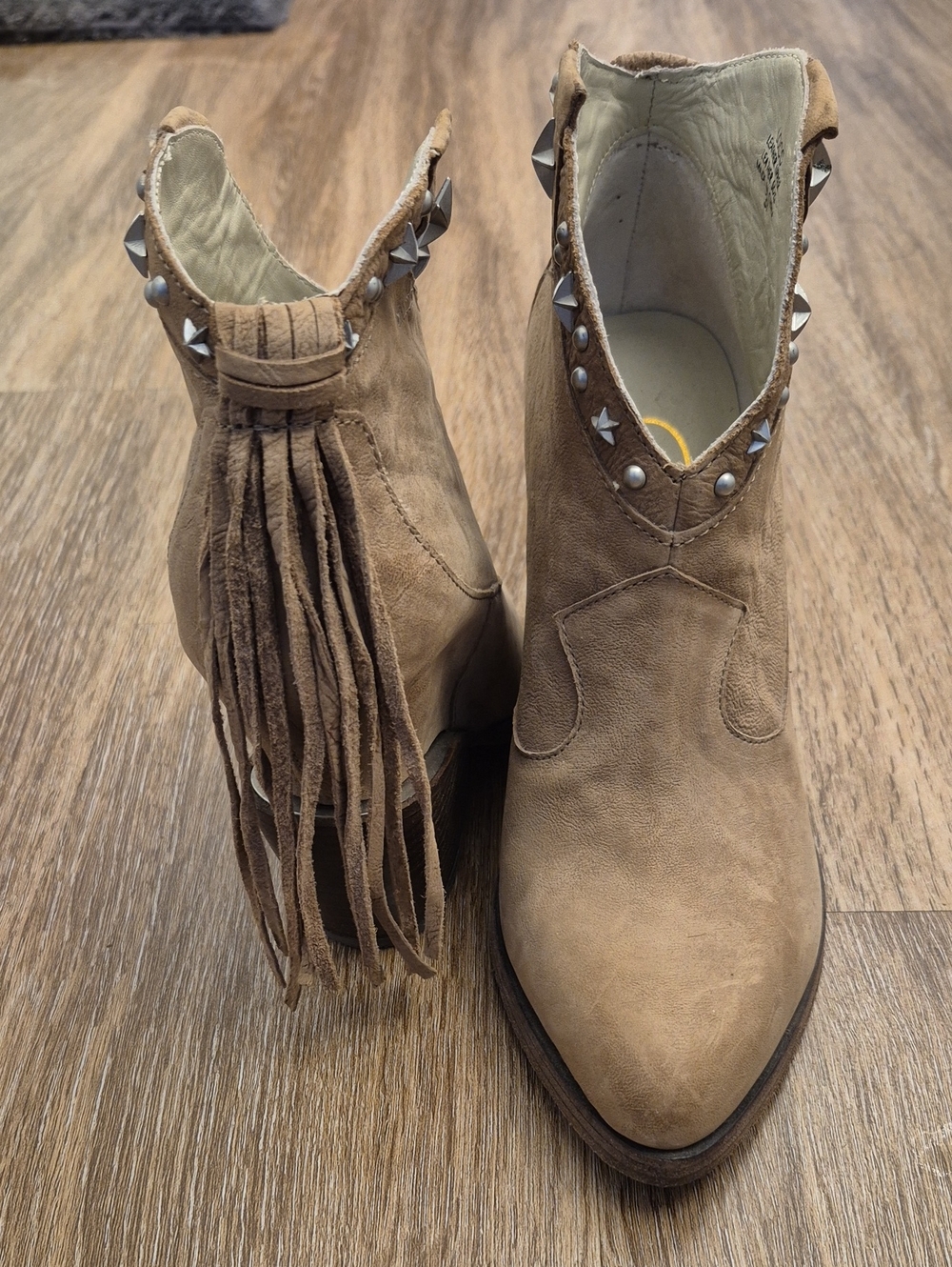 Women's Tan Suede Fringe Ankle Boots with Stud Detail